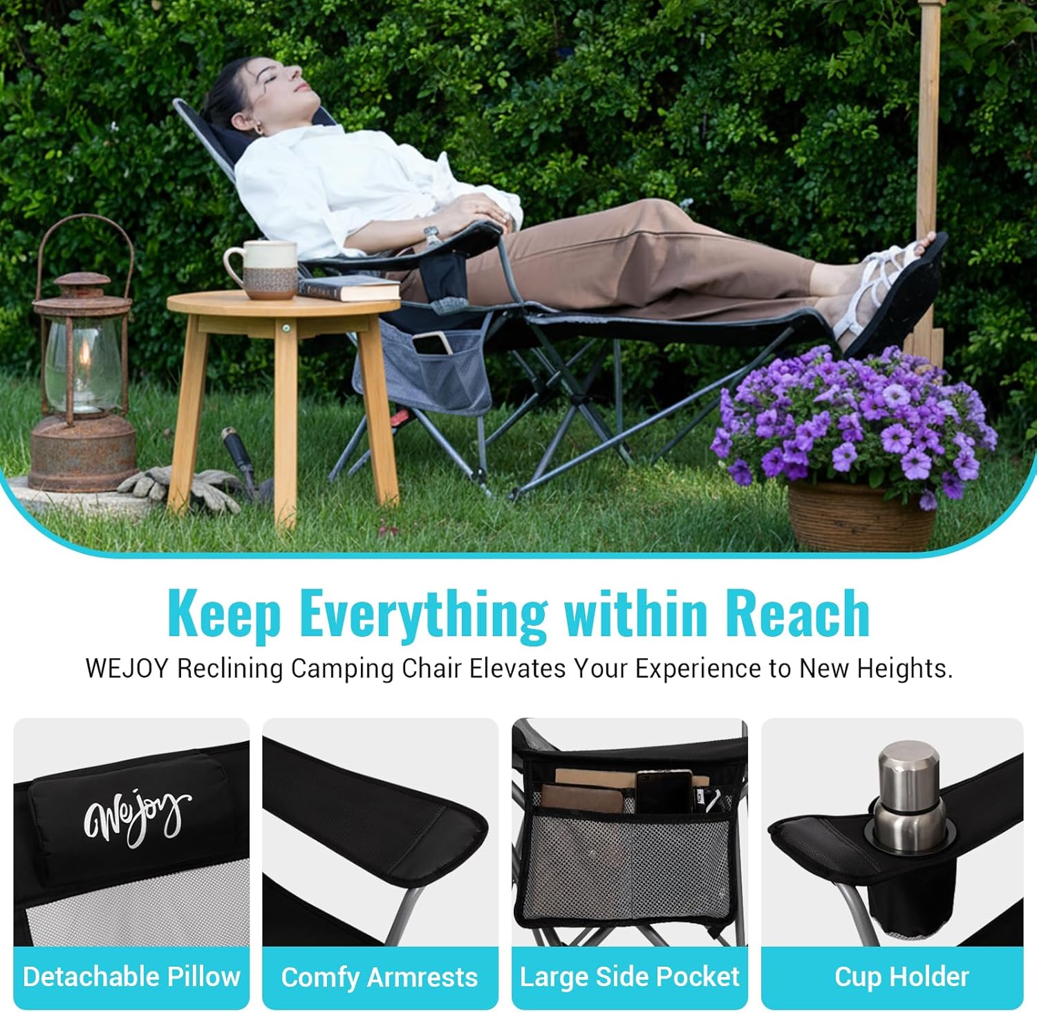 #WEJOY 2-in-1 Reclining Camping Chair with Footrest for Adults Folding Lounge Chair with Adjustable Backrest Lightweight Camping Chairs Heavy Duty Camp Chairs for Outdoor